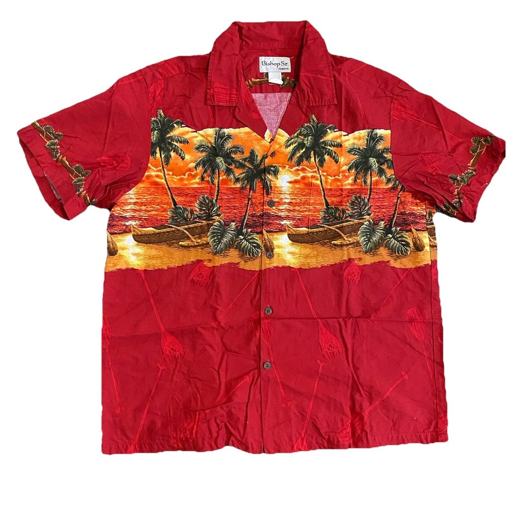 Bishop St Men's XL Tropical Hawaii Red Shirt Button Short Sleeve 100% Cotton